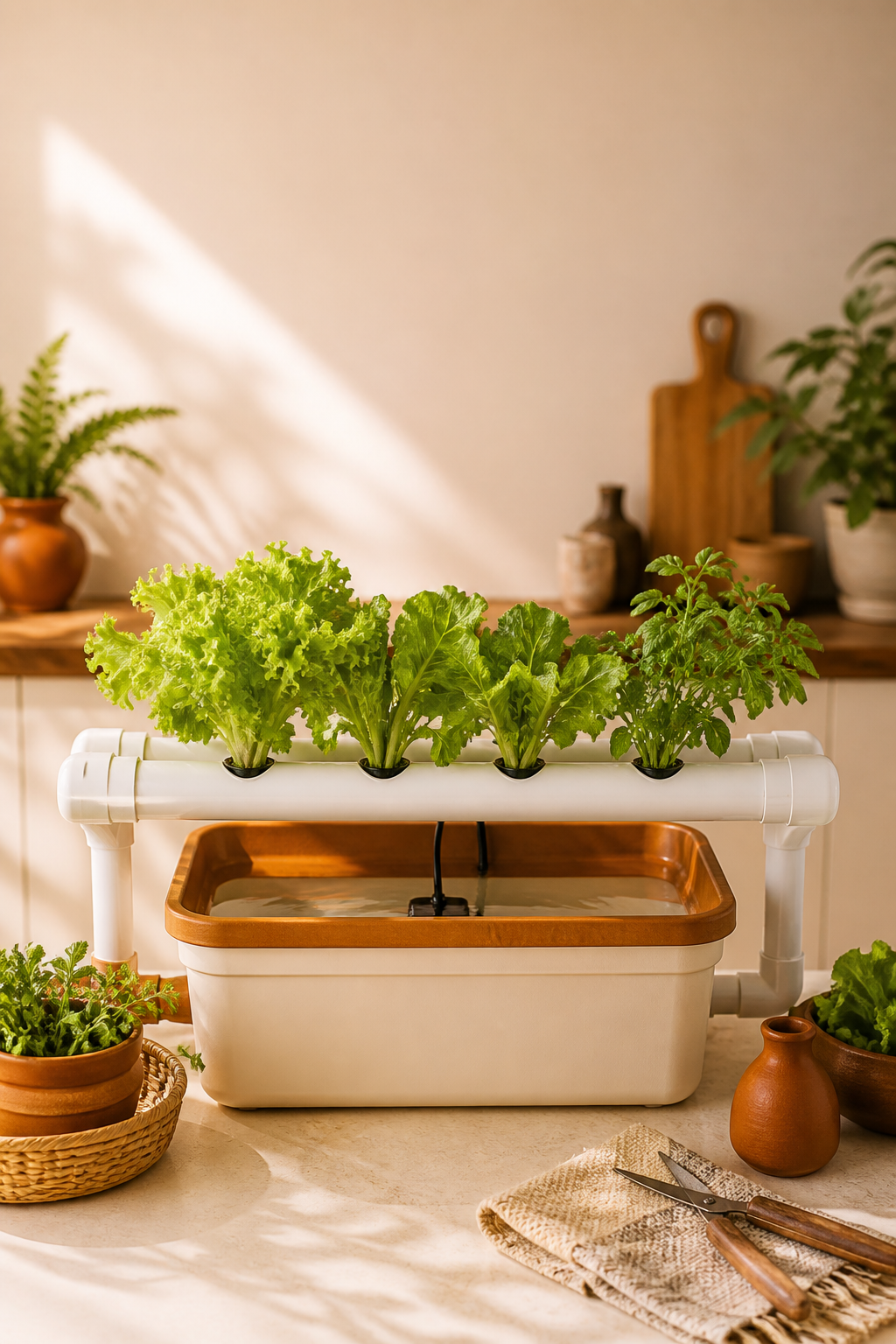 horta hidropônica caseira em cozinha iluminada, com folhas verdes e materiais simples