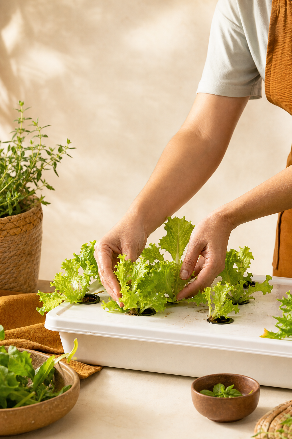 mãos cuidando de mudas em cultivo caseiro